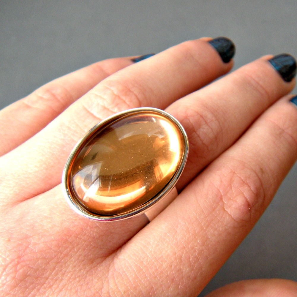 Peach Oval Statement Ring, Vintage Glass Stone, Adjustable, Cocktail Ring, Big Ring, Champagne Ring