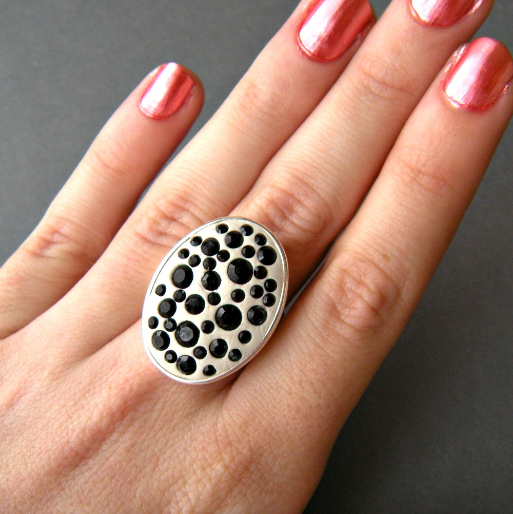 Black and White Crystal Rhinestone Sparkle Oval Statement Ring, Clay, Adjustable