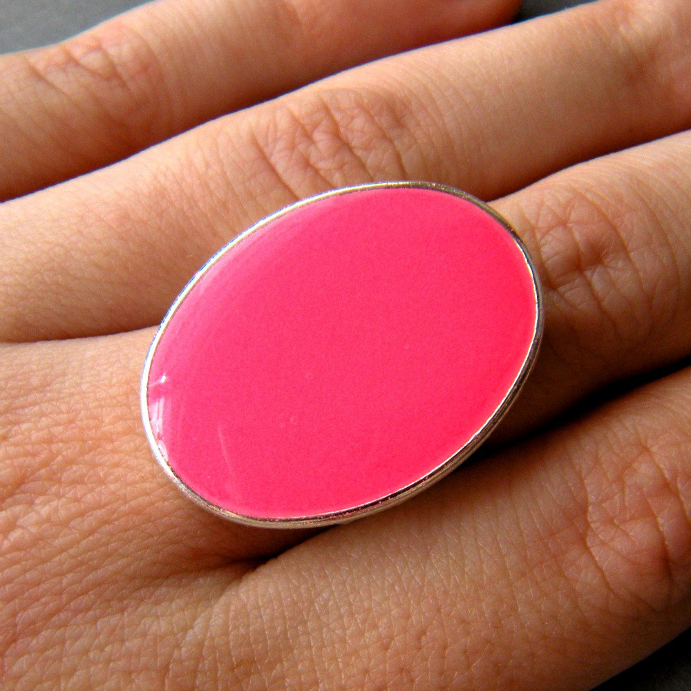 Neon Pink Oval Statement Ring, Resin, Adjustable, Fluorescent Pink