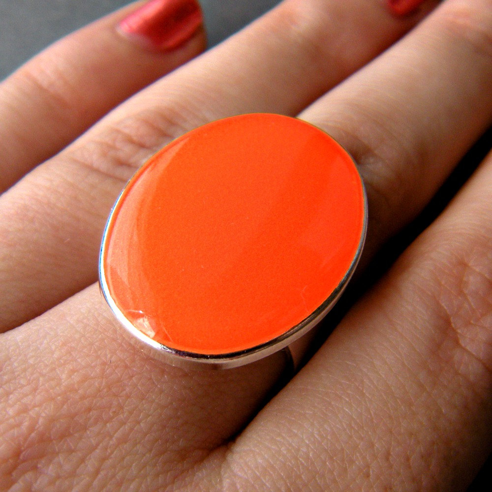 Neon Orange Oval Statement Ring, Resin, Adjustable, Fluorescent Orange
