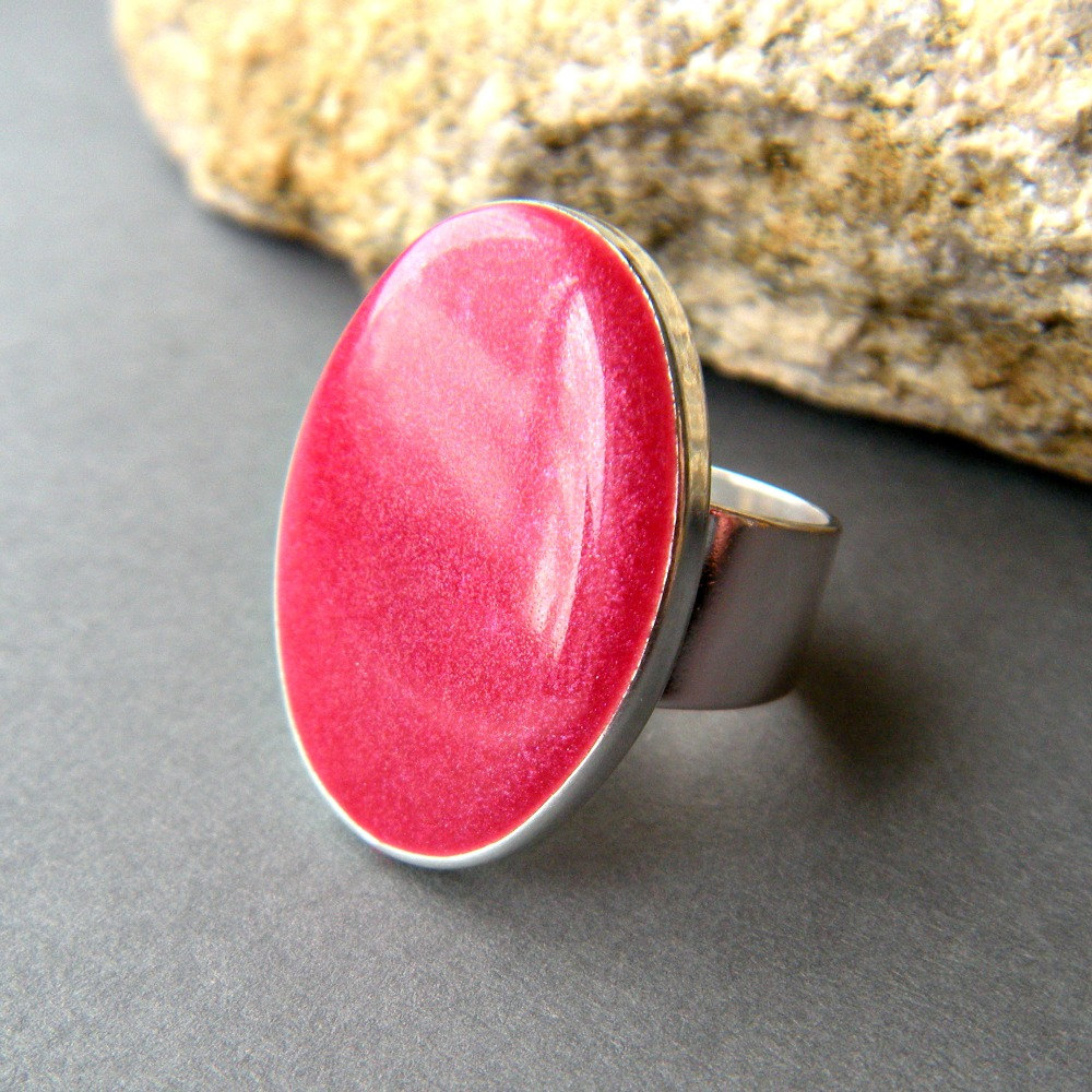Pink Oval Statement Ring, Resin, Adjustable, Pink Cocktail Ring