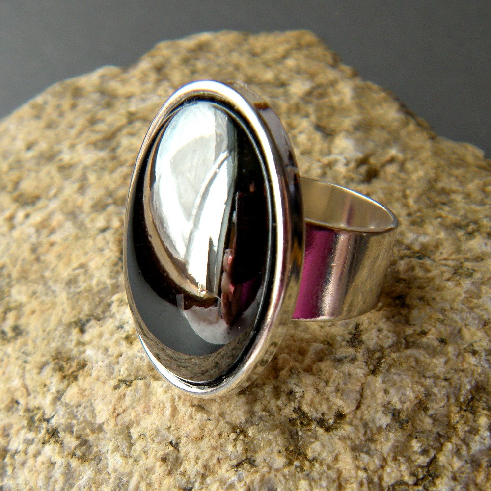 Black, Gray Hematite Gemstone Oval Statement Ring, Reflective, Adjustable