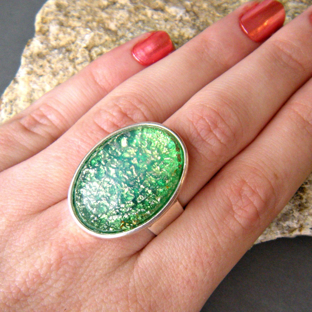 Emerald Green Oval Statement Ring, Sparkle Ring, Metallic Ring