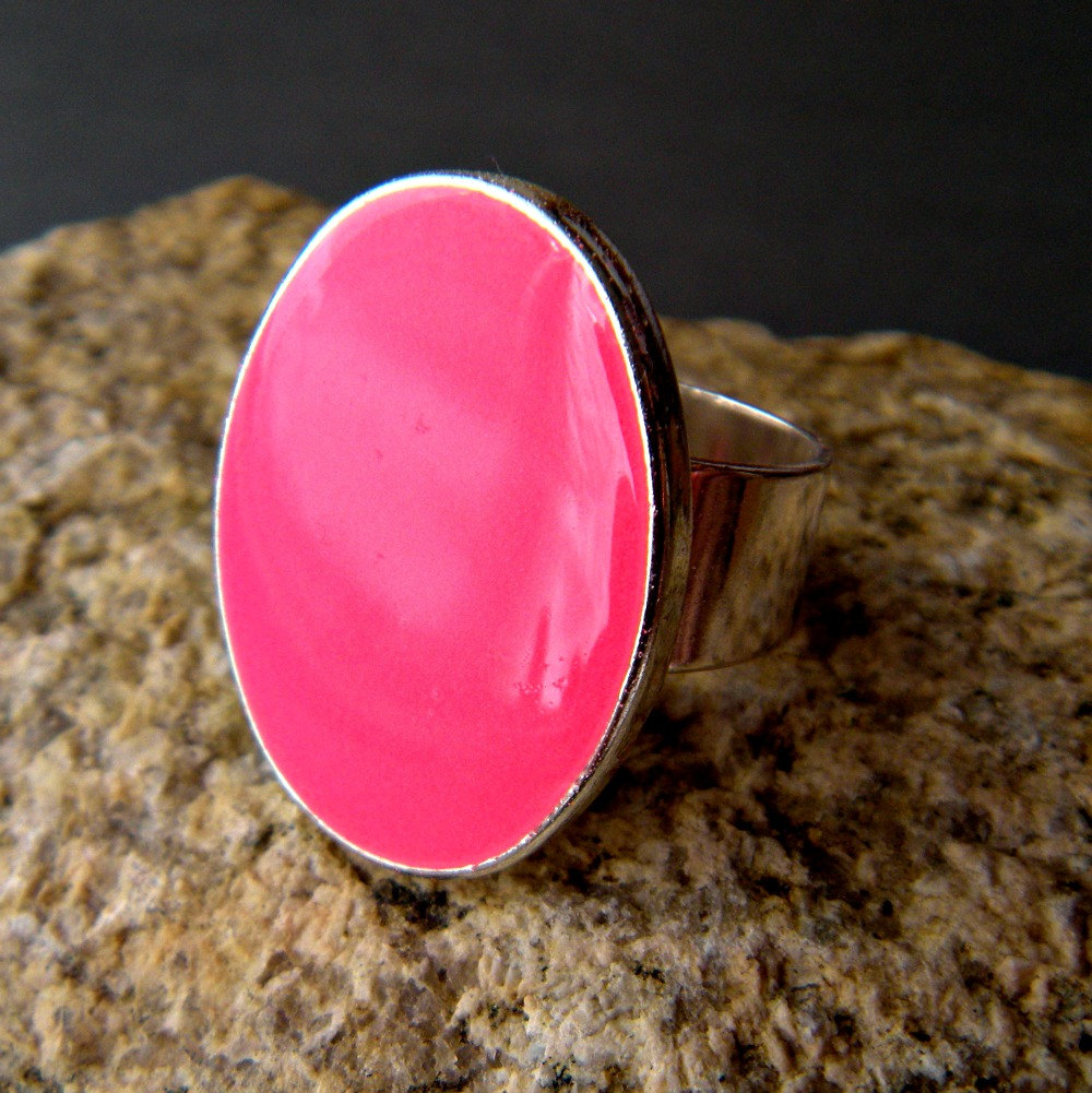 Neon Pink Oval Statement Ring, Resin, Adjustable, Fluorescent Pink